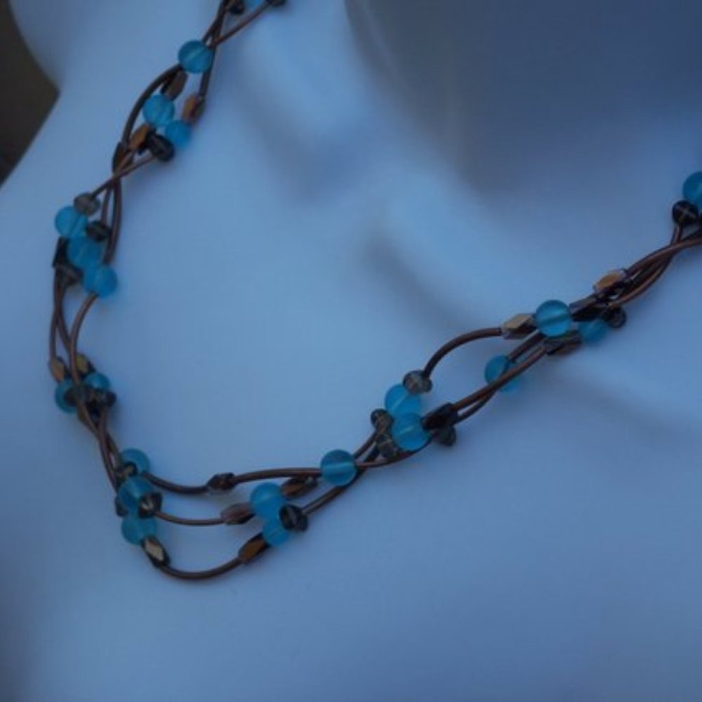 Handmade Multi Strand Necklace With Blue Glass Beads & Copper Coated Tube Beads